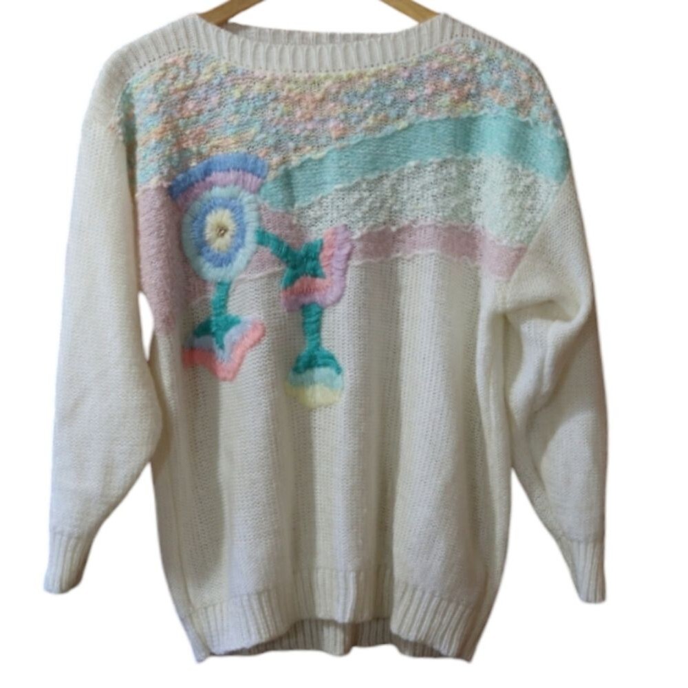 Basket of Yarn Vintage Pastel Knit Embroidered Abstract Floral Sweater Medium